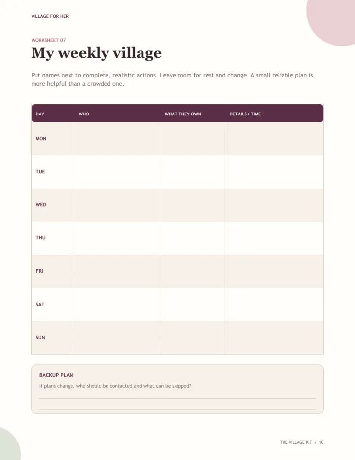 Weekly village support schedule worksheet